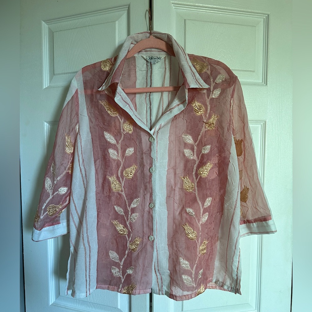 Vintage "Member's High Fashion" Floral Crepe Blouse Sheer Shirt XXL